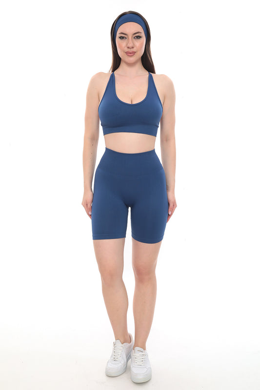 Büzgülü Şort - Mavi